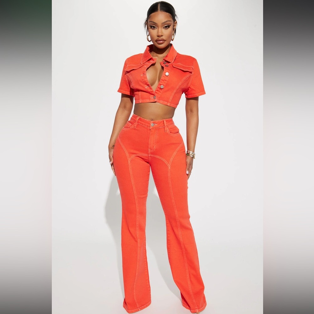 Orange Denim 2-Piece Flare Pants Set